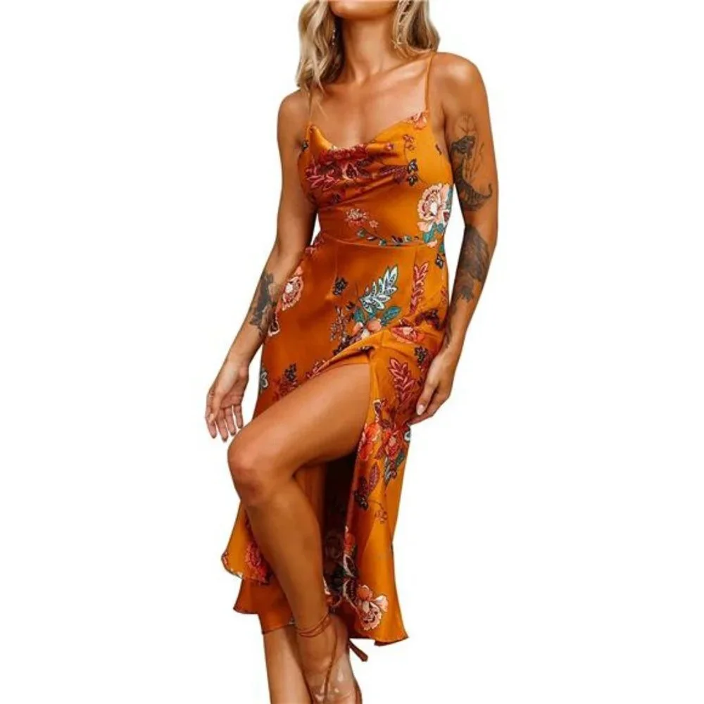 Orange Floral Print Satin Cowl Neck Bodycon Cami Dress Midi Party Cocktail Dress